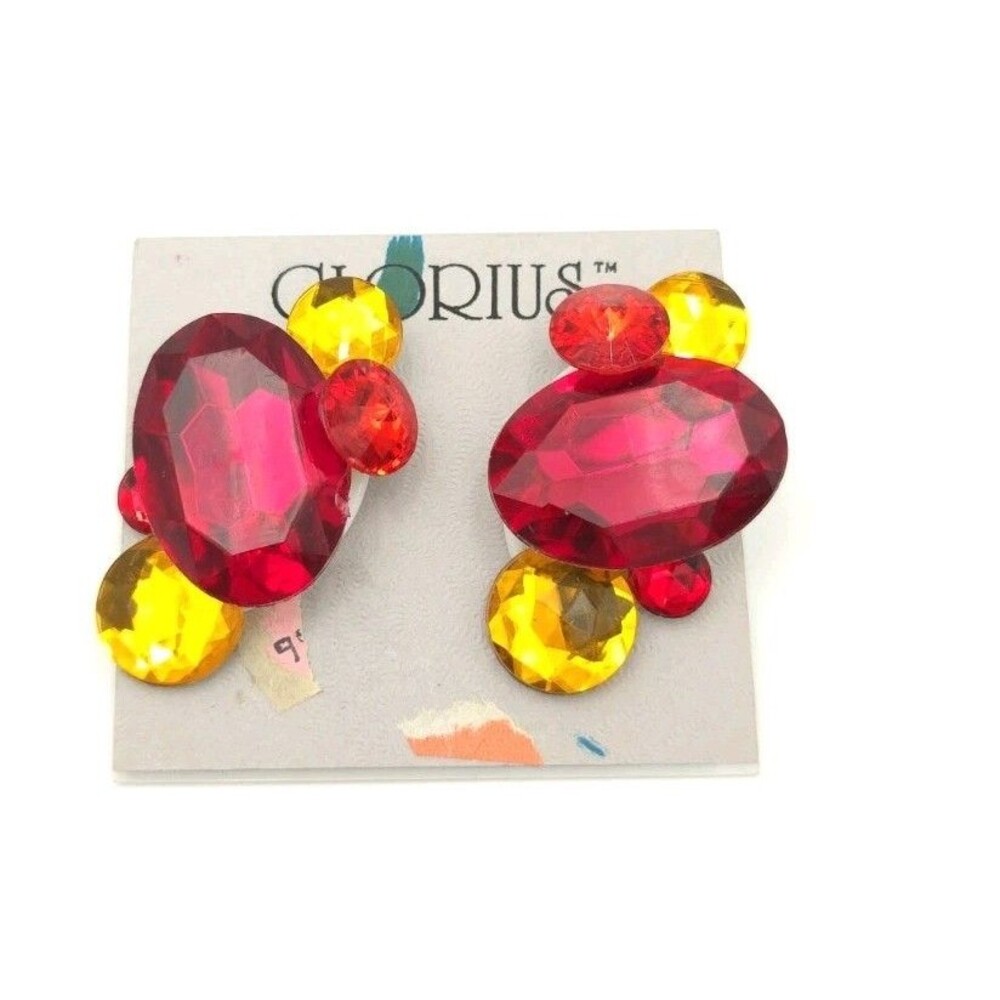 Vintage Large Acrylic Rhinestone Statement Earrings Pink Orange Yellow Chunky